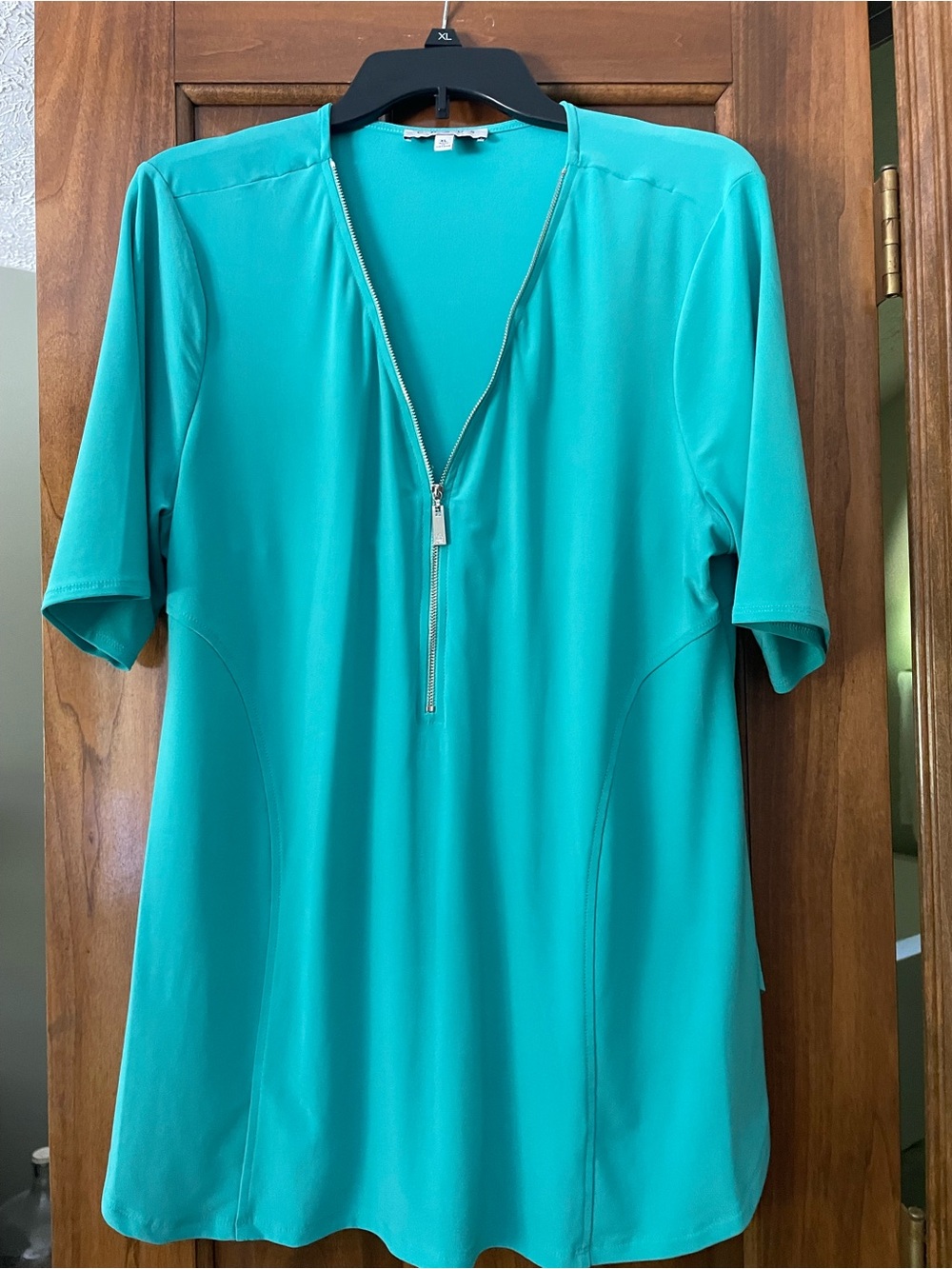 Chaus Teal Zip-Front Short-Sleeve Tunic Top